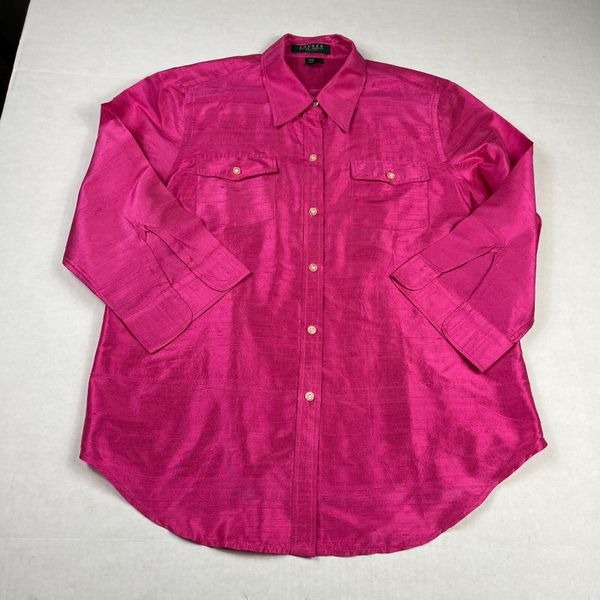 Lauren Ralph Lauren Womens Silk Button Down Shirt Bright Pink 3/4 Sleeve Size PL