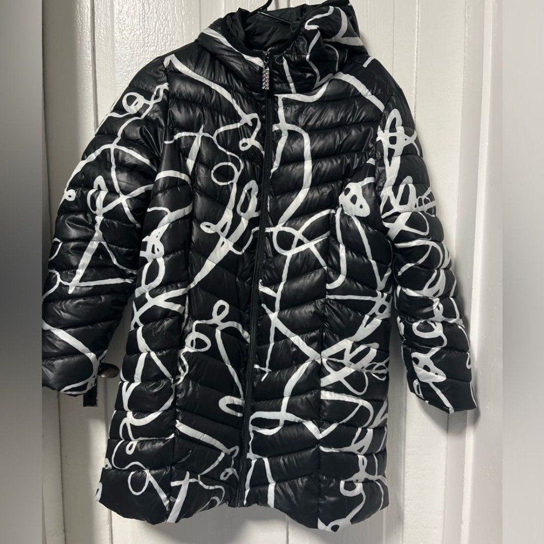 Joseph Ribkoff black and white abstract hooded puffer size medium