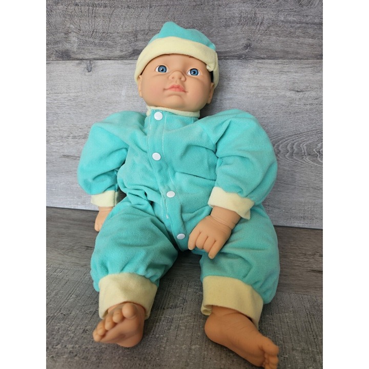 Vintage 1999 CITITOY Doll With Open Blue Eyes Soft Body Plastic Hands Feet Green