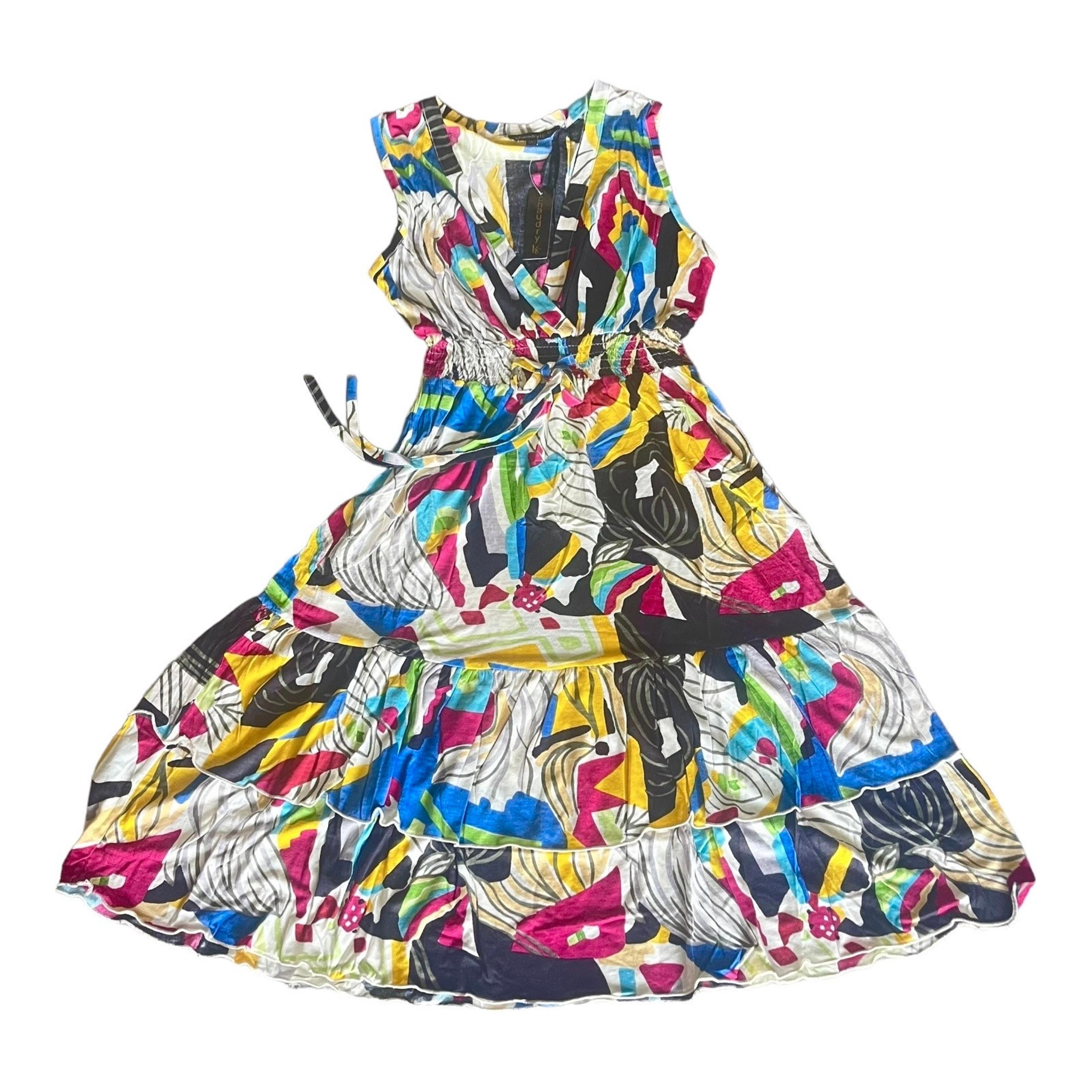 NEW Chaudry Multicolor DRESS Womens LG Ruffled Fit & Flare V-Neck Sleeveless NWT