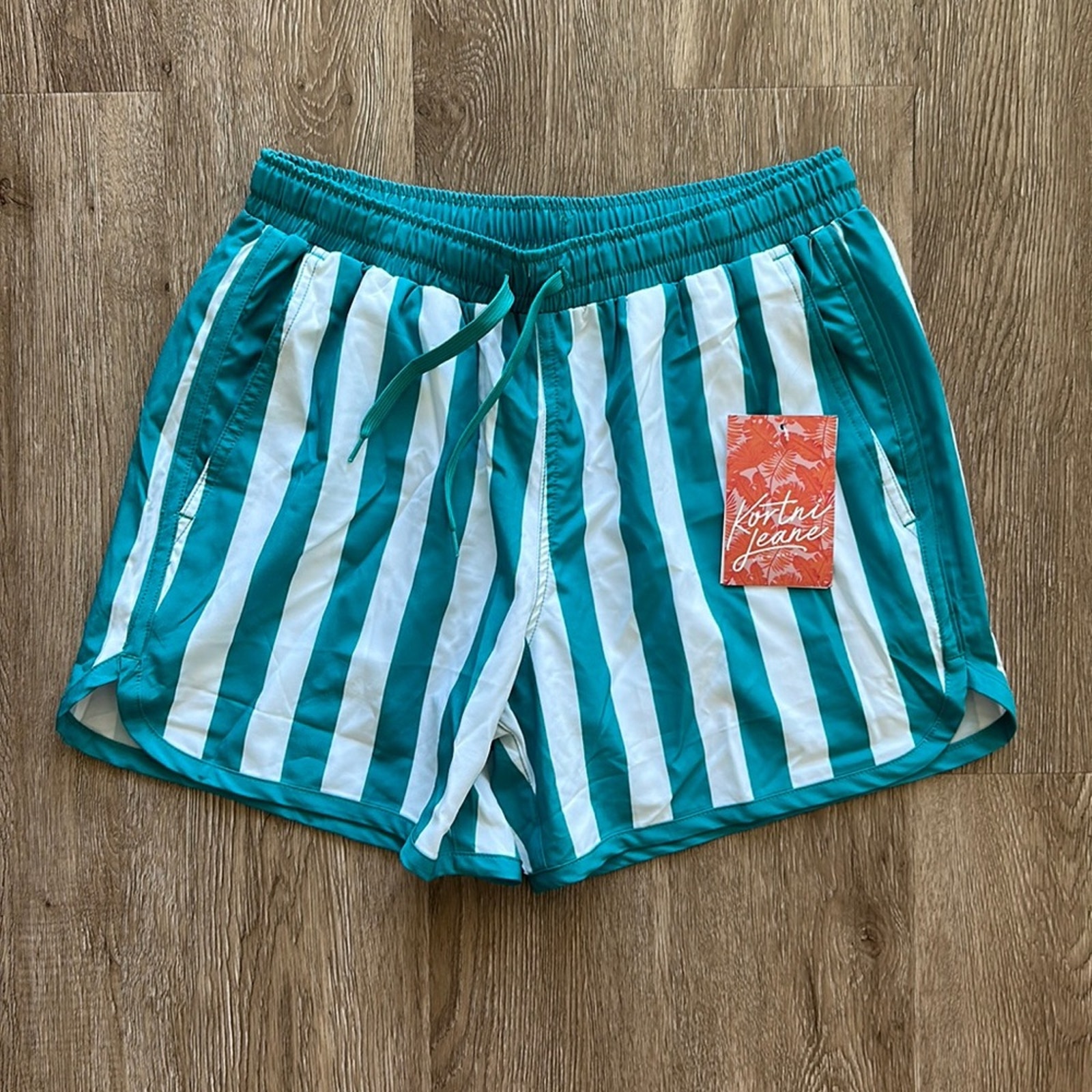 Kortni Jeane Green & White Striped Retro Shortie Swim Trunks