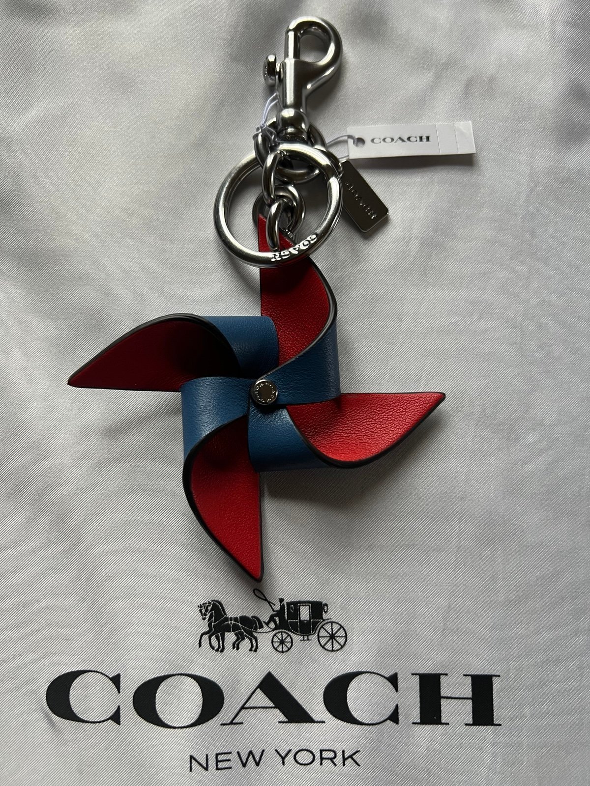 NWT Coach Leather Red Blue Pinwheel Key Fob Keychain Bag Charm