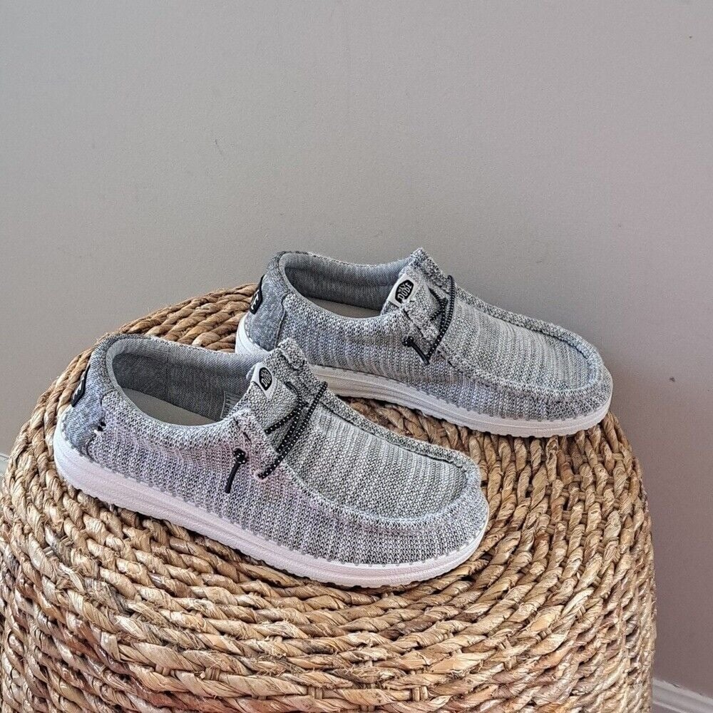 Hey Dude Youth Wally Stretch Yin Yang Grey Print Lightweight Loafers Y6/W8
