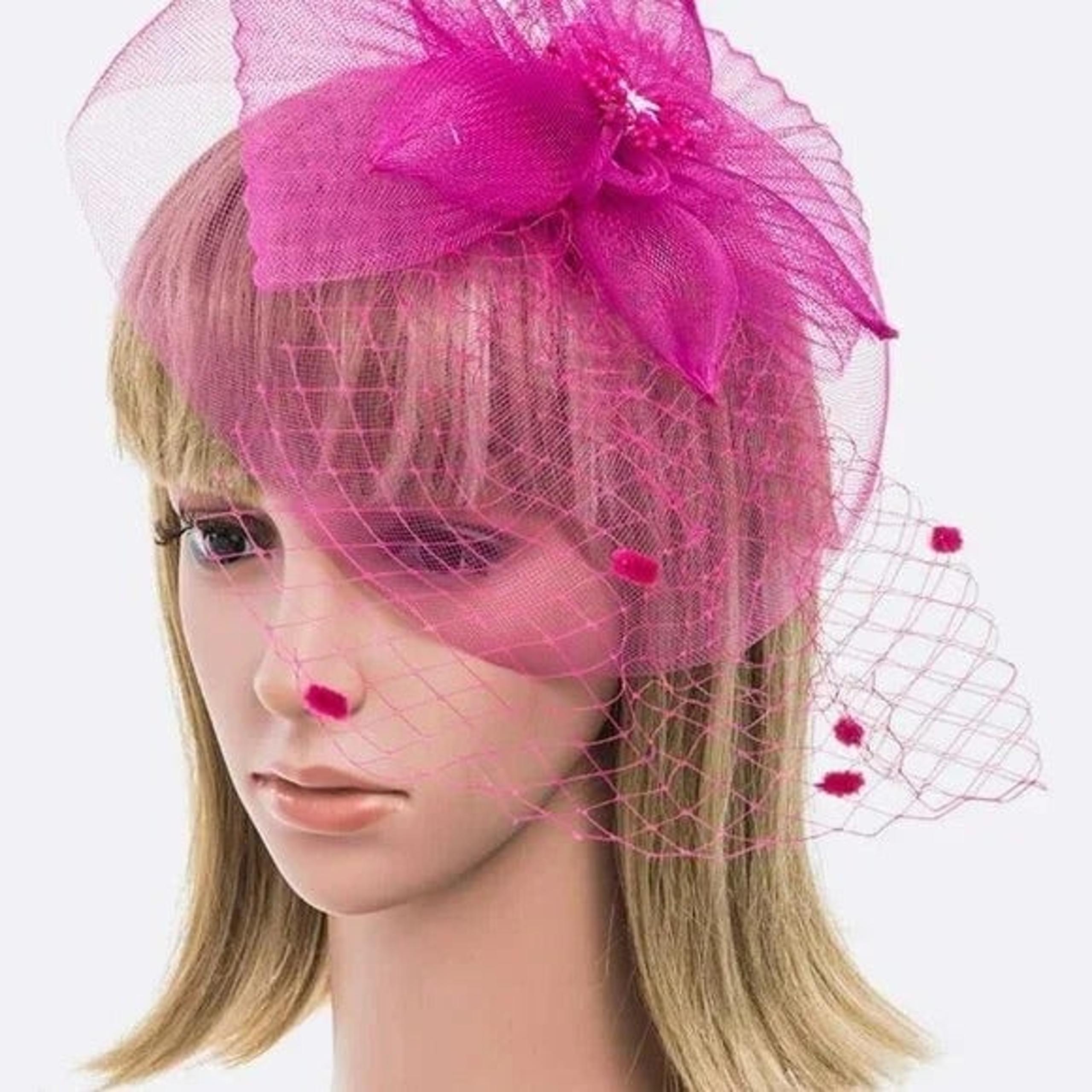 Oversize  Color Fascinator Head Piece Mesh Flower Hat Barbie - Fuchsia Hot Pink