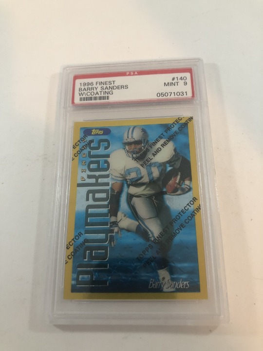 HOF Barry Sanders Detroit Lions 1996 Topps Finest w/Coating #140 PSA Mint 9