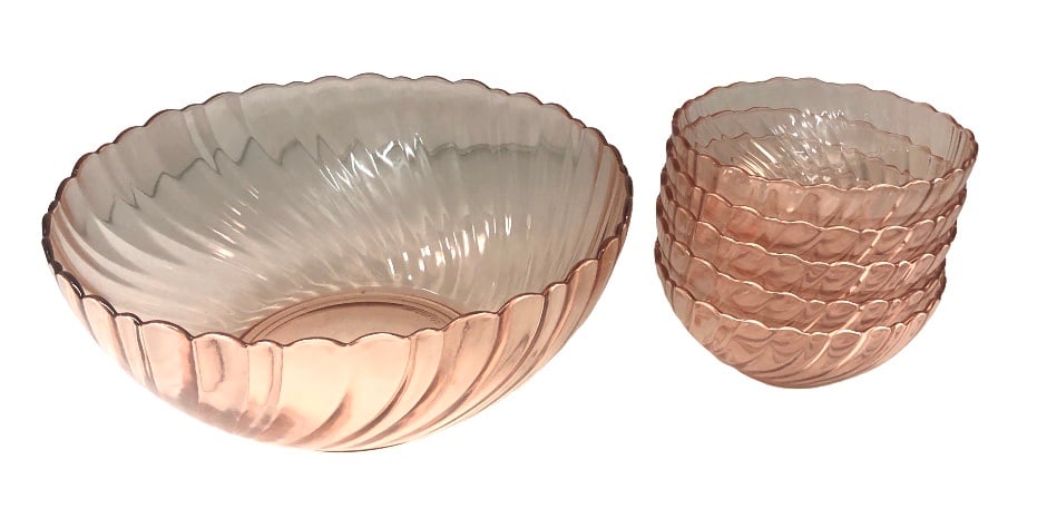 Vintage Arcoroc France Pink Swirl Serving Bowl & Dessert Bowls Set
