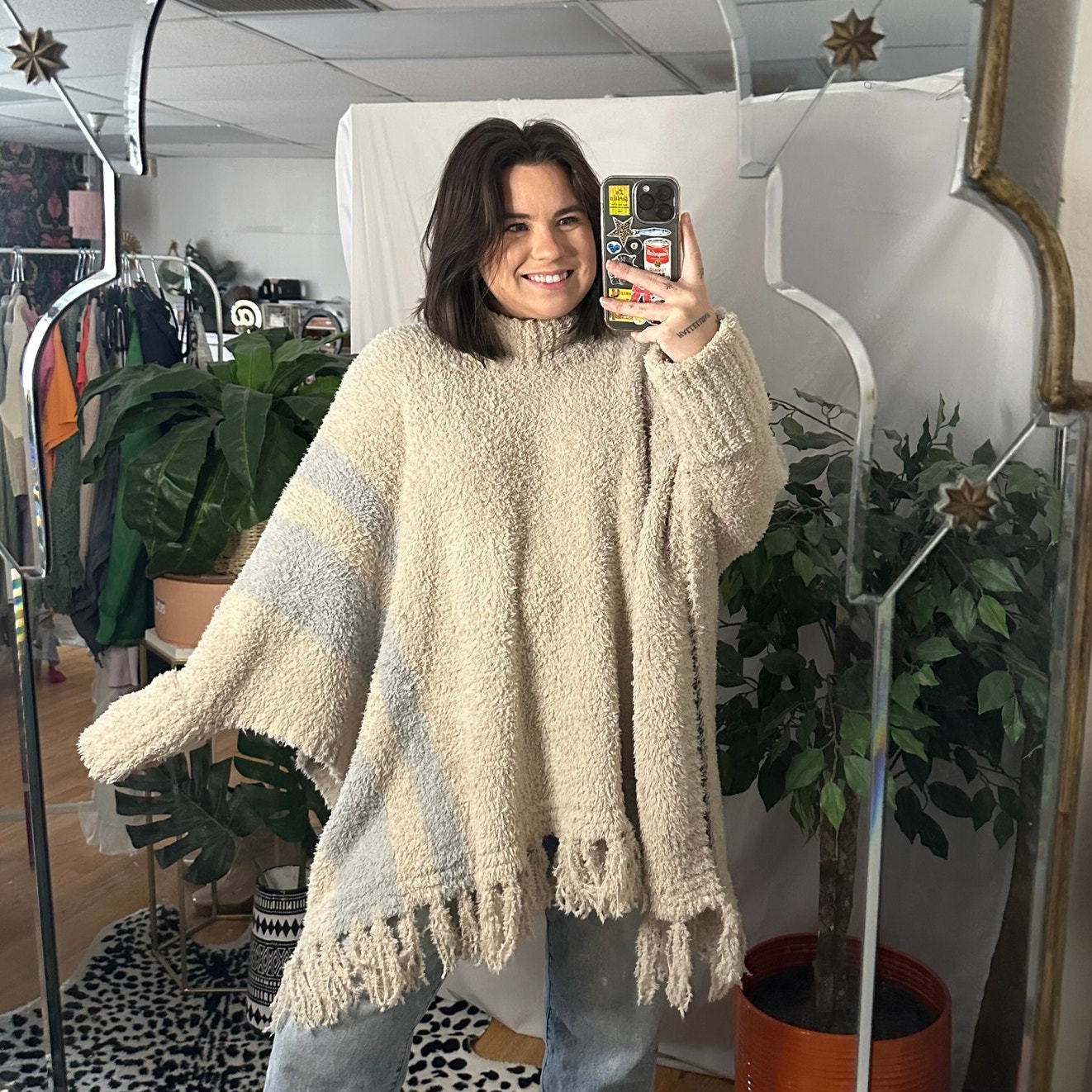 Barefoot Dreams Cozy Chic Beach Fringe Lounge Poncho Beige One Size