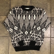 Vintage 80s United Colors of Benetton Shetland Wool Sweater Black White Geometri