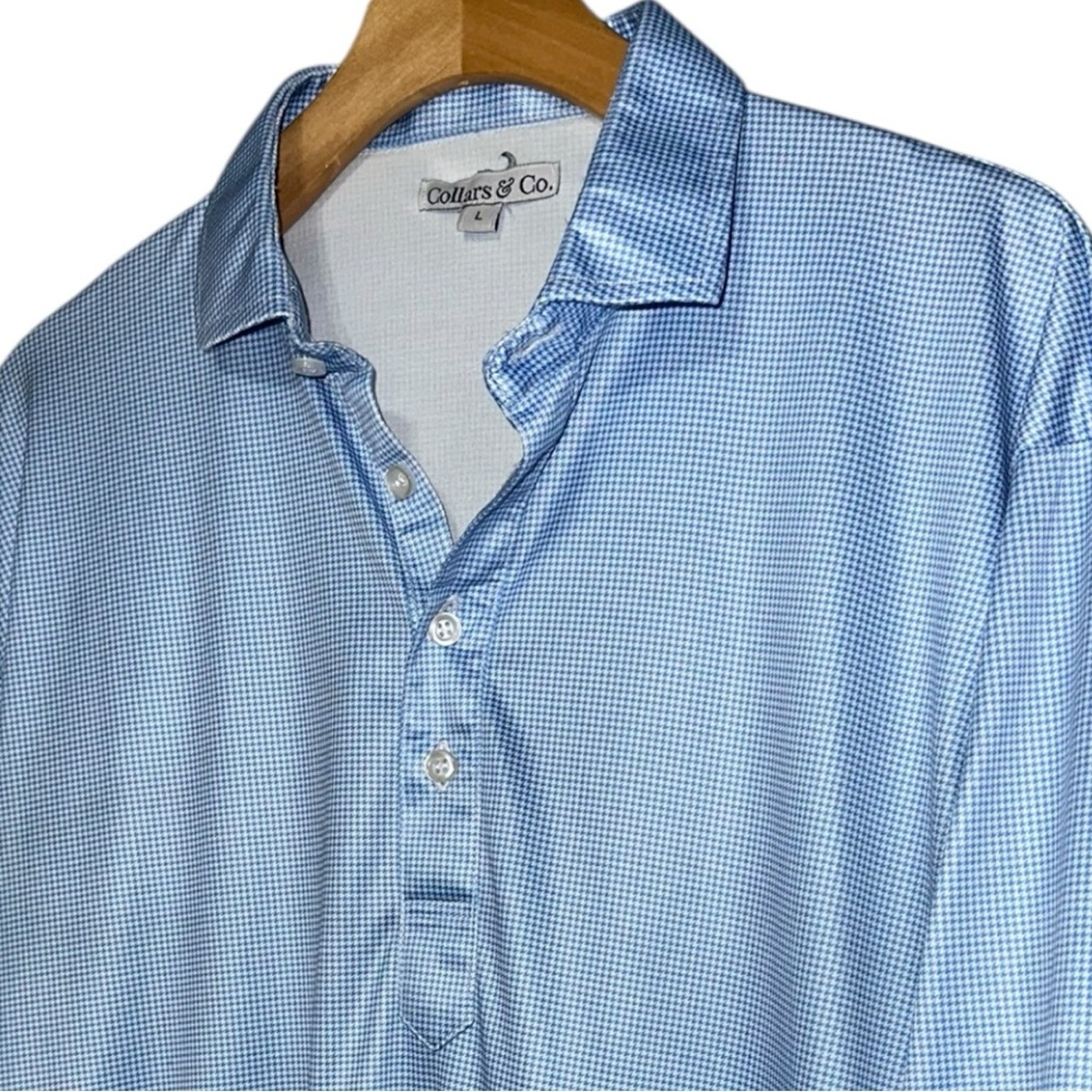 Collars & Co Men’s Size L Blue White Mini Houndstooth Short Sleeve Polo Shirt