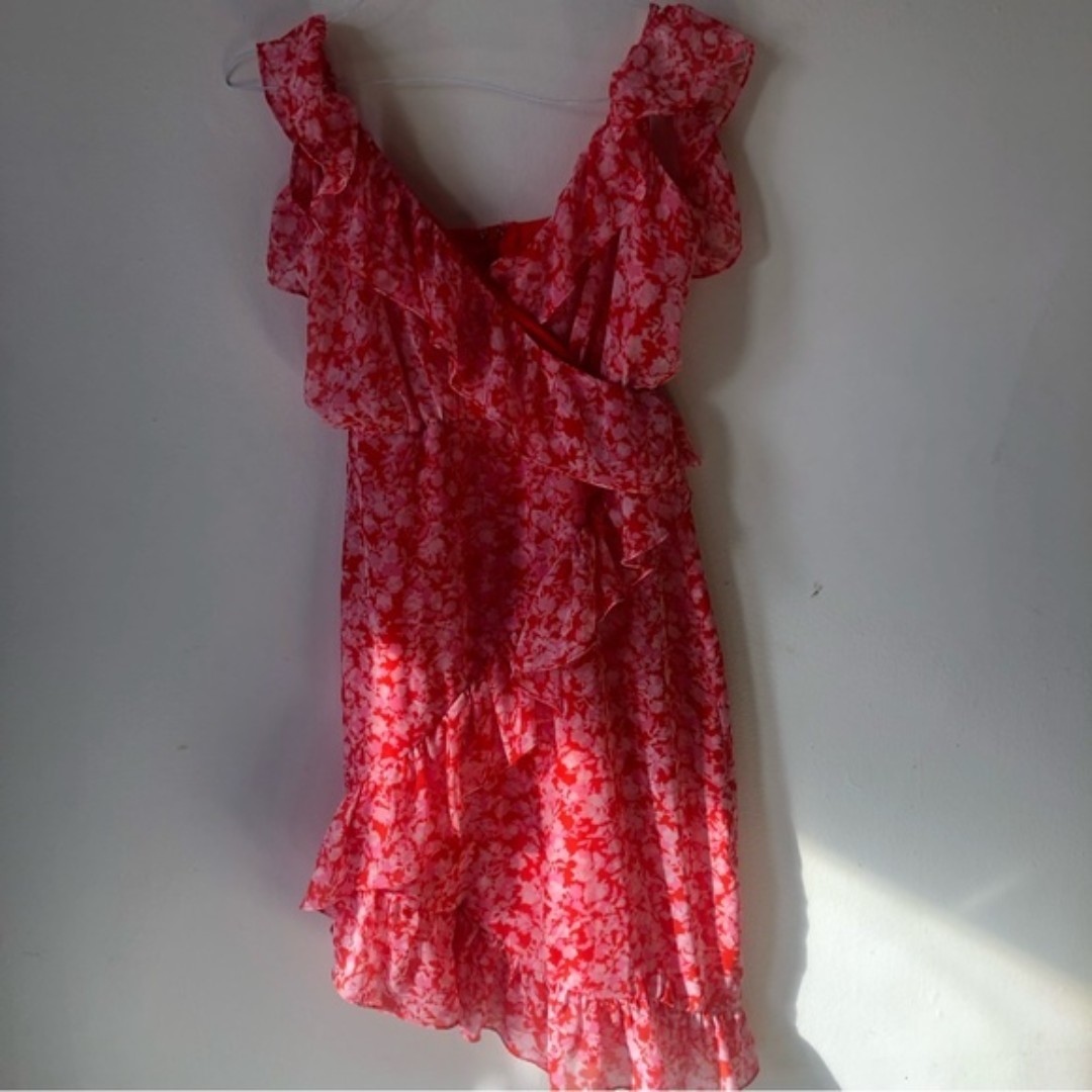 ❤️Lovers + Friends Red Pink Floral Ruffle Dress Valentine Strappy Asymmetrical S