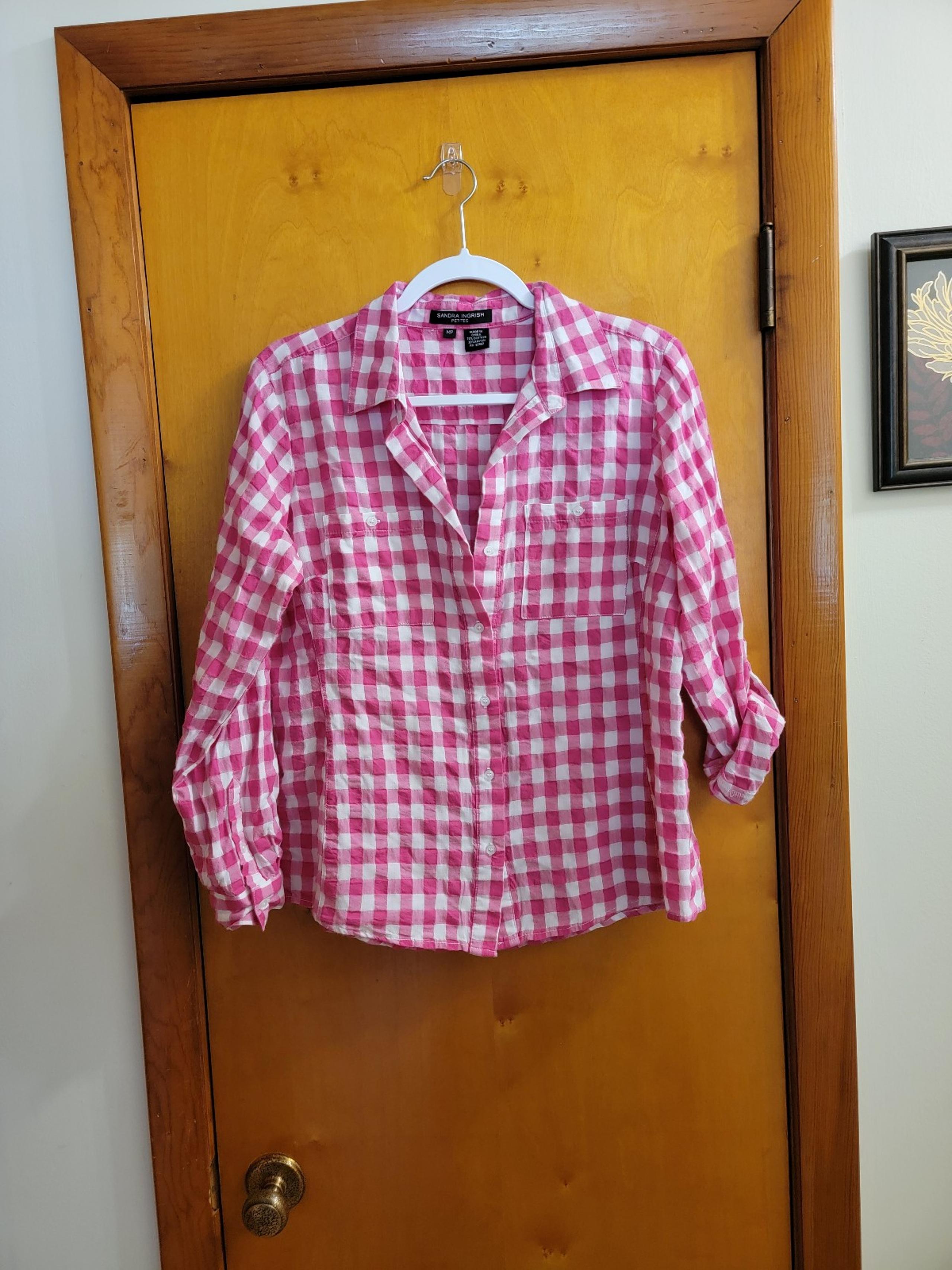 Sandra ingrish button up shirt. Pink & white Plaid-cuffable