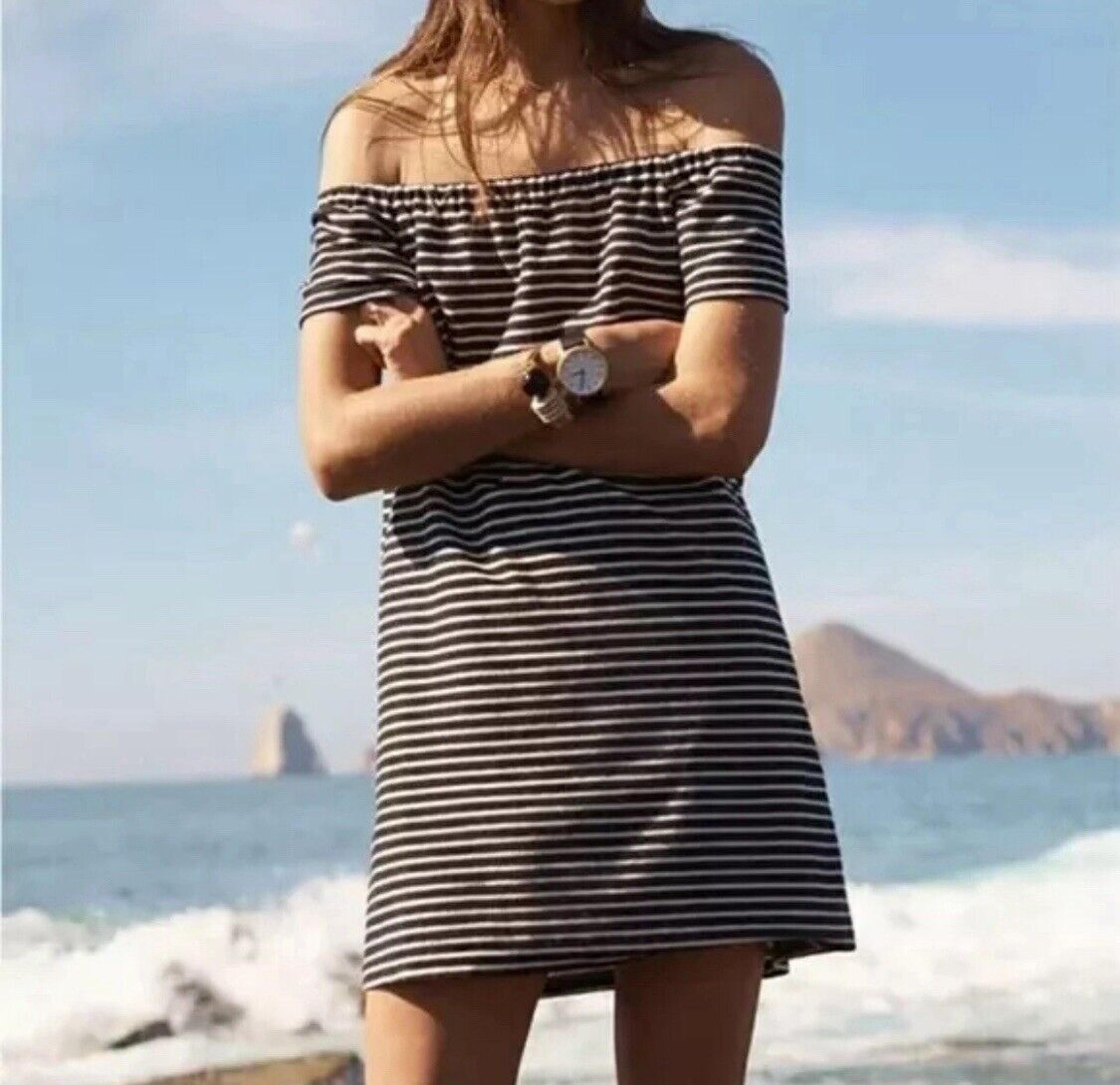 Madewell Melody Off The Shoulder Striped Dress Knee Length Women's Size Medium