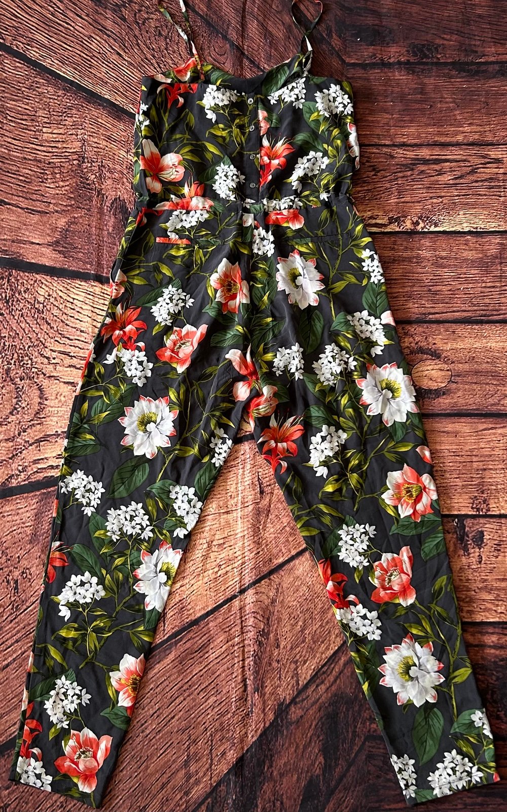 Levi Green Red Jungle Print Silk Jumpsuit Women’s Size Small