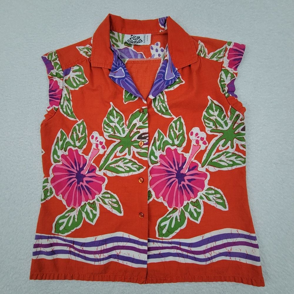 Vintage Hilo Hattie's Sleeveless Hawaiian Shirt Measures Womens XL Floral USA