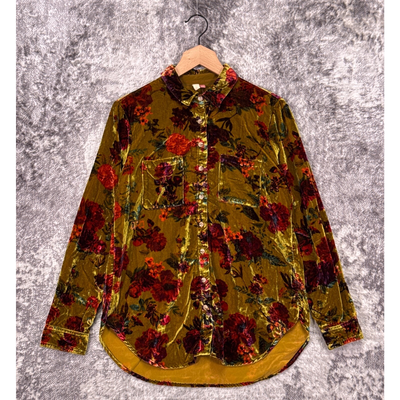 New Anthropologie Top Large Womens Pilcro Relaxed Velvet Button Down Shirt Green