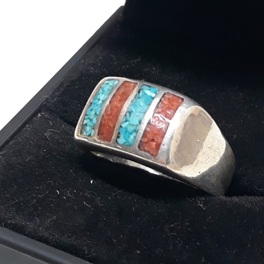 PRINCE TRADING CO, Kirtland Turquoise Coral Ring 5mm Sterling Silver Sz 11.75