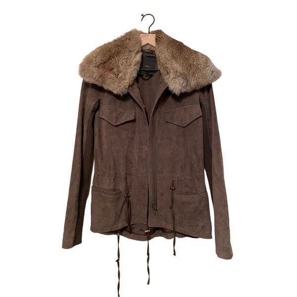 Veda Leather Jacket with Removable Rabbit Fur Collar- Medium
