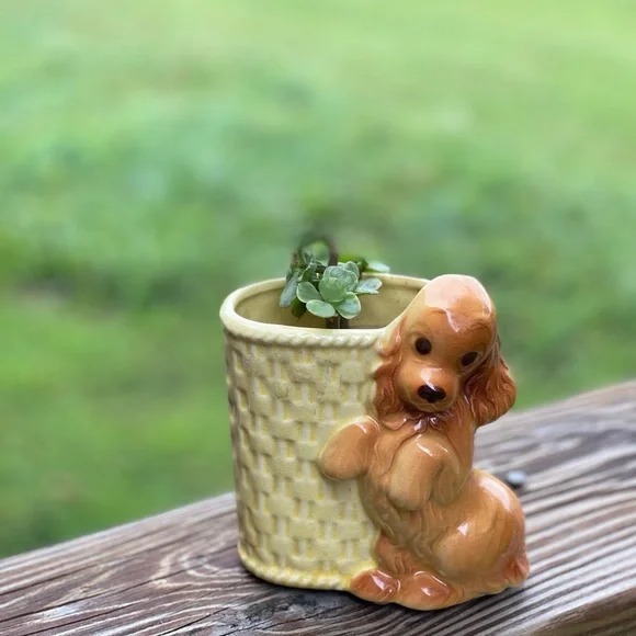 Vintage puppy dog glazed ceramic small planter