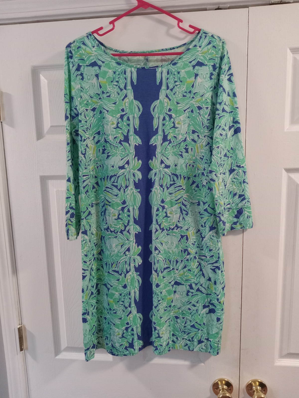 Lilly Pulitzer Womens Sz Large Blue Green Koala 3/4 Sleeve Casual Marlowe Dress
