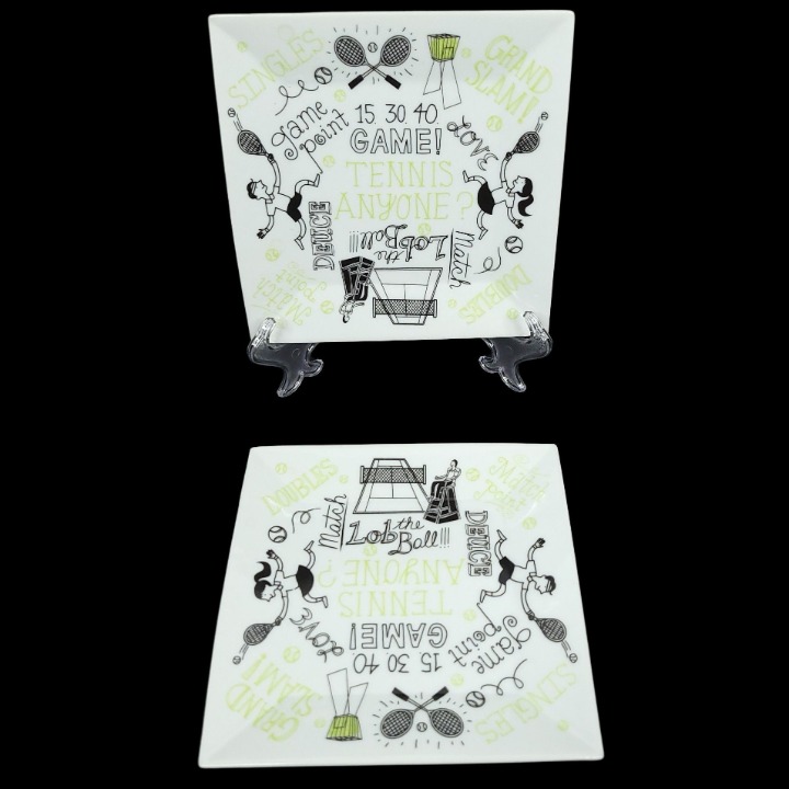 The Dish Tennis Salad Dessert Plates Ceramic Square Game Point Deuce Lot Of 2