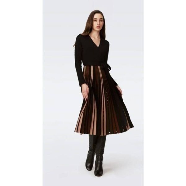 DIANE VON FURSTENBERG OLLIE WRAP DRESS, Black, Brown and Camel, NWT, SZ. L