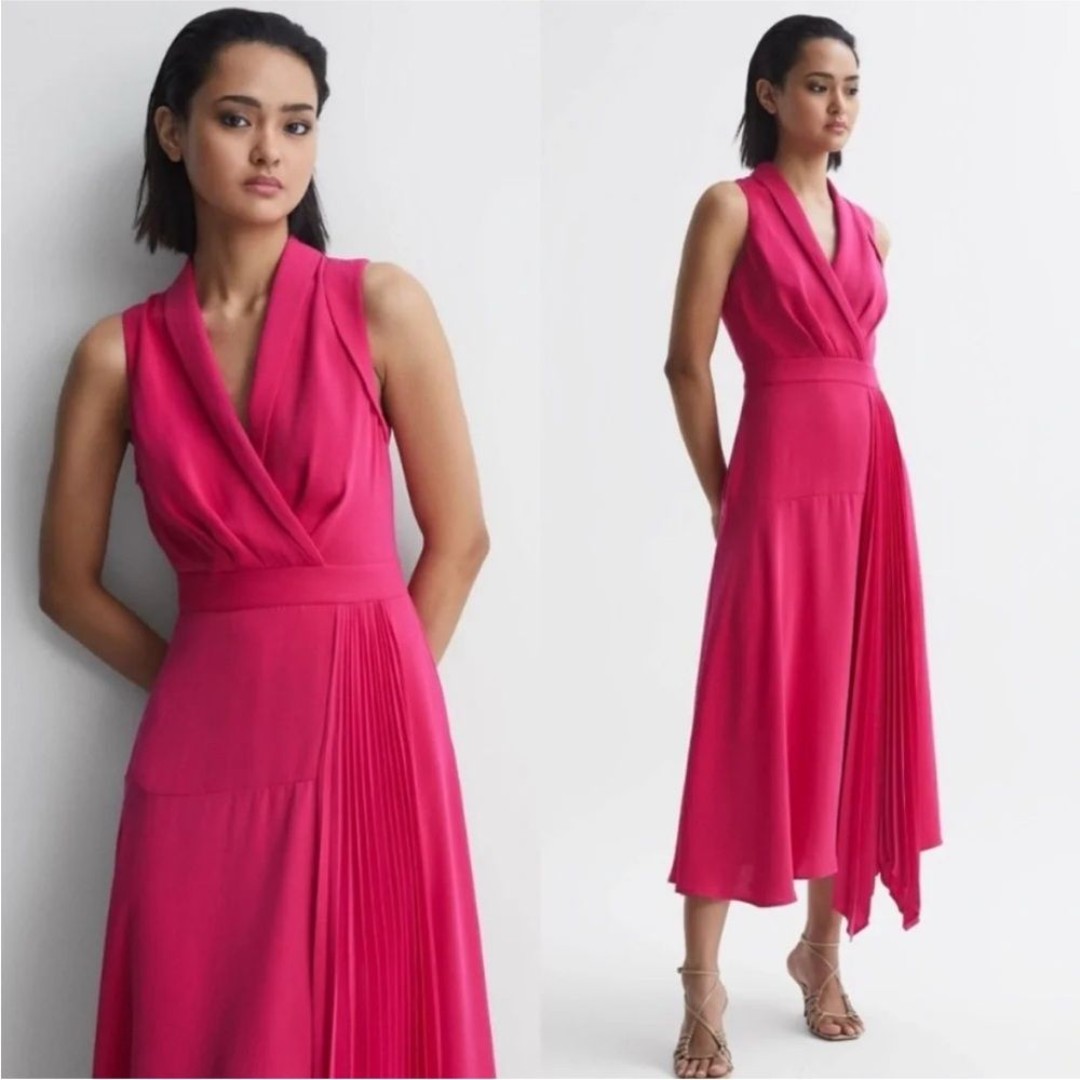 NWOT Reiss Claire pleated fitter midi dress size 0 385 pink