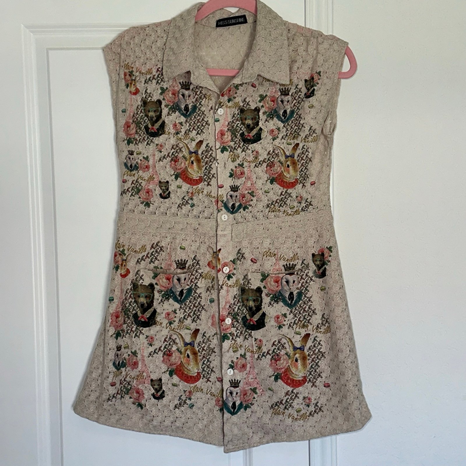 Rare Vintage Miss Sunshine Medium Knit Button Up Grandma Core Animal Print Top