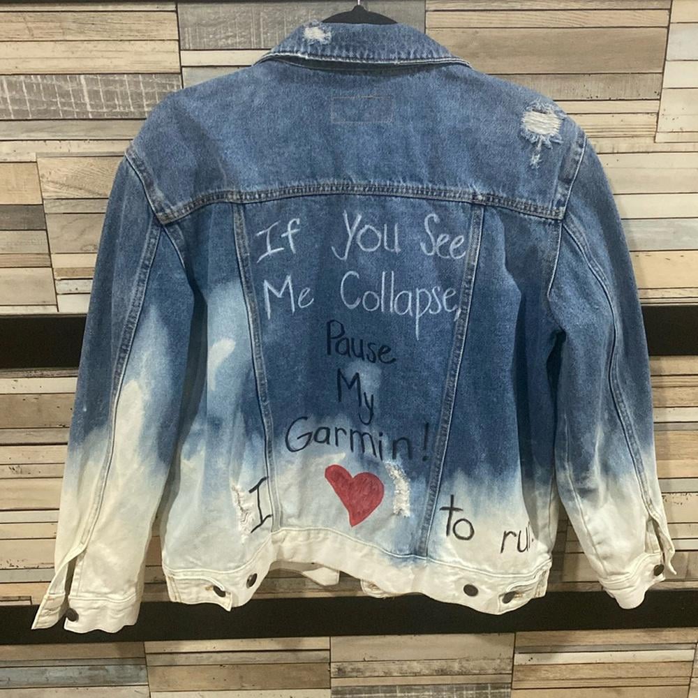 JULIE.Refashioned Running quote; bleached & distressed denim jacket, by Susie.