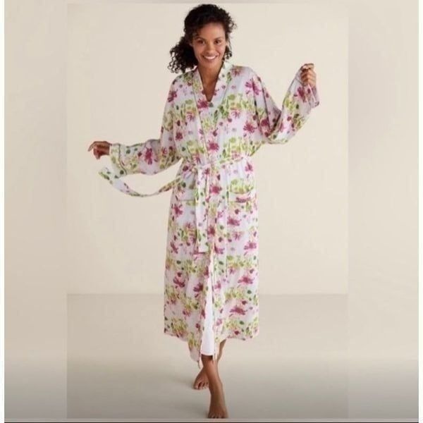 Soft Surroundings painterly jersey knit wrap tie long robe sz Small Petite