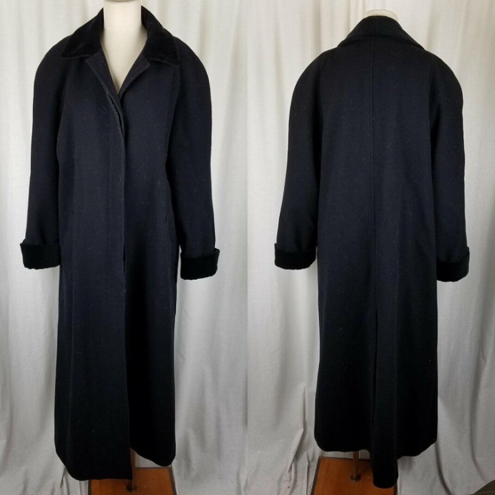 Liz Claiborne Peacoat Black Wool Velvet Long Maxi Duster Coat Womens 16 Vintage