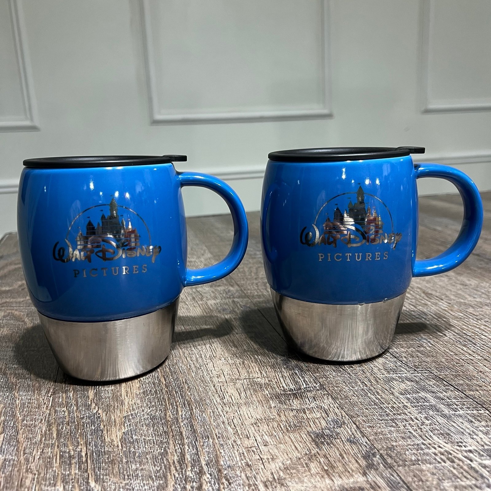 Walt Disney Pictures Blue Ceramic Stainless Steel Coffee Cup Mug w/ Lid Set Of 2