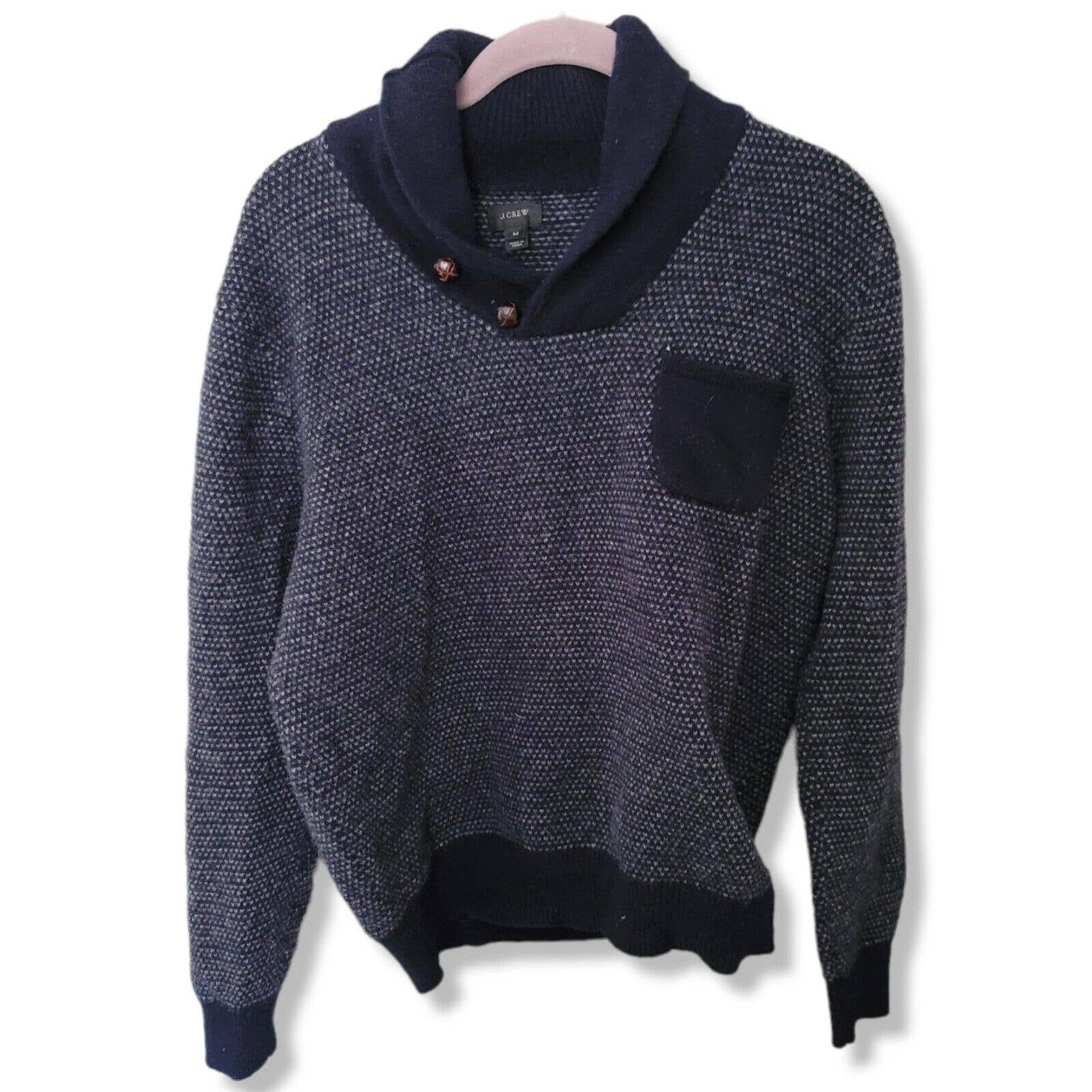 J Crew black wool chunky waffle knit Henley 1/4 button collared men's m sweater