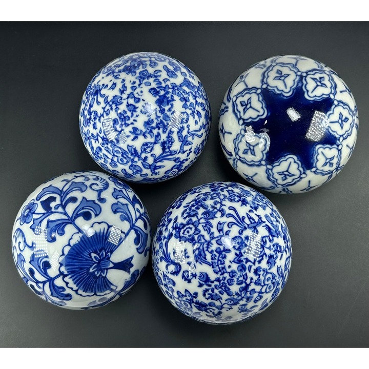 Porcelain Spheres Set Of 4 Blue White Decorative Balls Floral Geometric Patterns