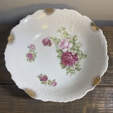 VTG Porcelain bowl red/pink roses 9” Shabby Chic Rare Gold Gilding
