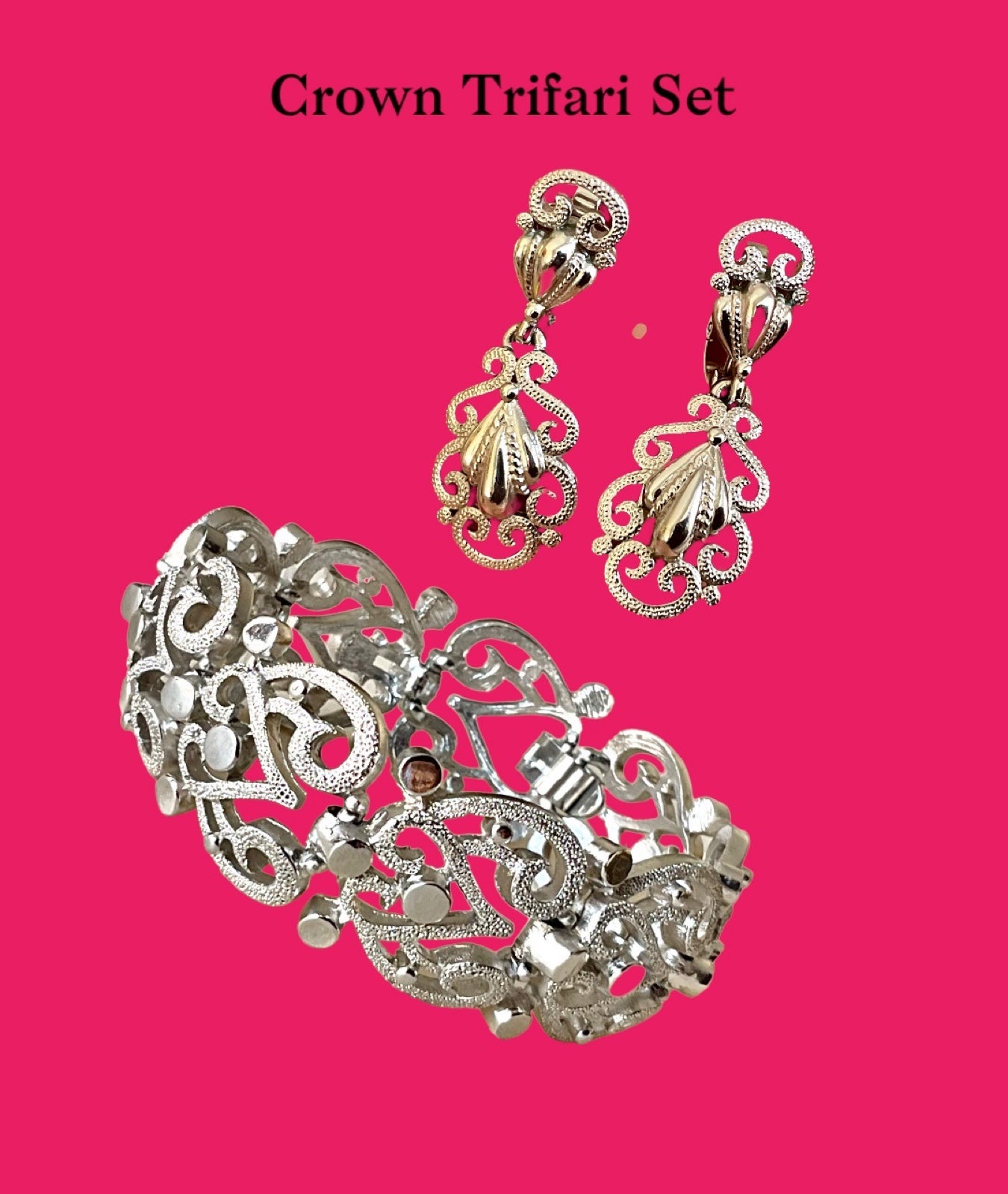 Crown Trifari Silver tone Clip on Earrings 1.75”and 7.2” Bracelet Set