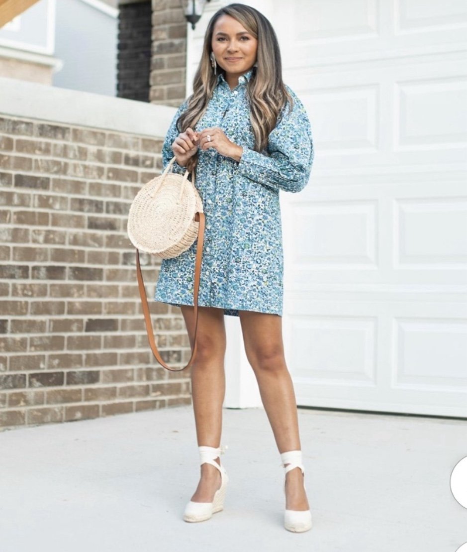 J. Crew Puff Sleeve Cotton Poplin Mini Shirtdress Blooming Floral Misty Blue.