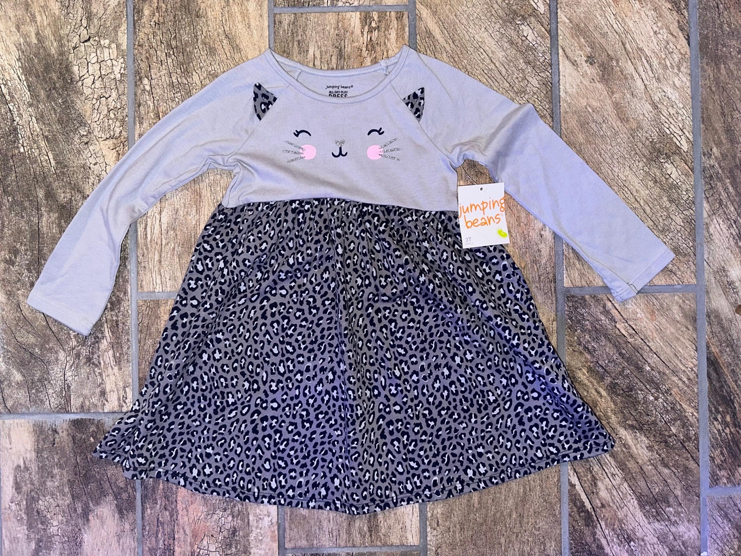 New 3T Jumping Beans Toddler Girls Long Sleeve Gray Cat Leopard Dress