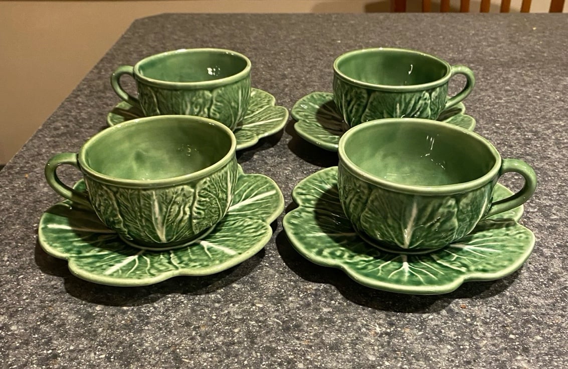 4 Rare Bordallo Pinheiro Portugal Cabbage Cup & Saucer Sets - Majolica