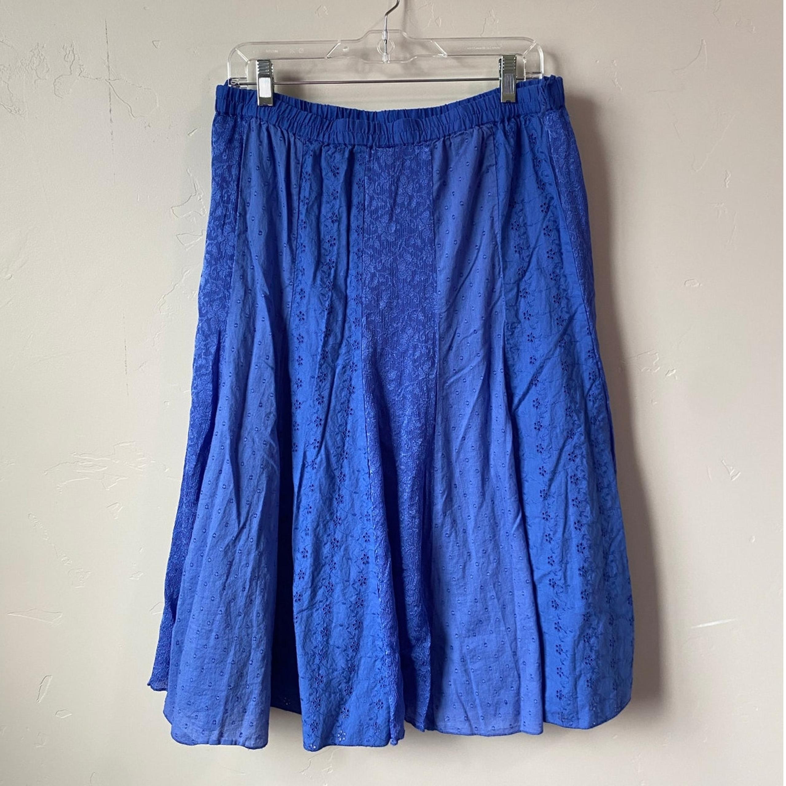 Orvis Women's Blue Cotton Blend Textured Pull On Elastic Waist A-Line Midi Skirt
