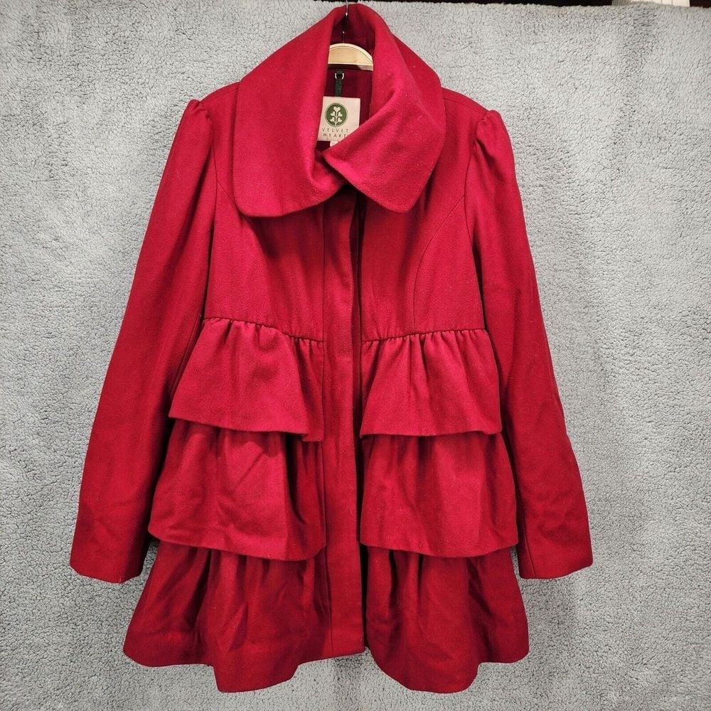 Velvet Heart Women's Size XL Red Wool Blend Long Tiered Ruffle Coat Jacket