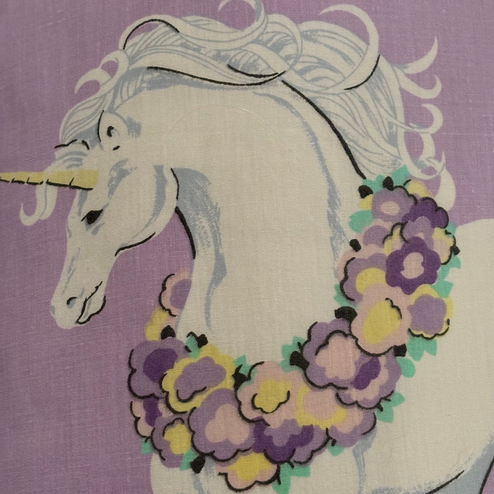 VTG SEARS Perma Prest lavender unicorn & rainbows ruffled curtains W/ tie backs