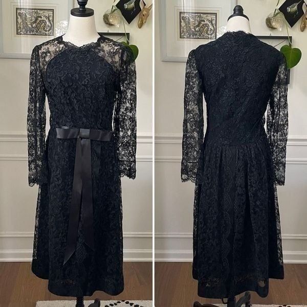 Vintage 60s Robert Gaffney Black Lace Dress M L