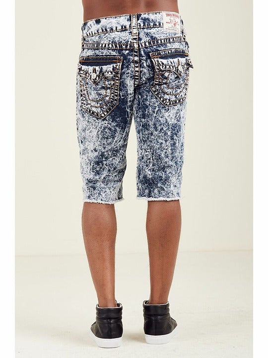 TRUE RELIGION STRAIGHT CUT OFF FLAP BIG T Jean SHORTS MNR859SM6 Buddha Acid Wash