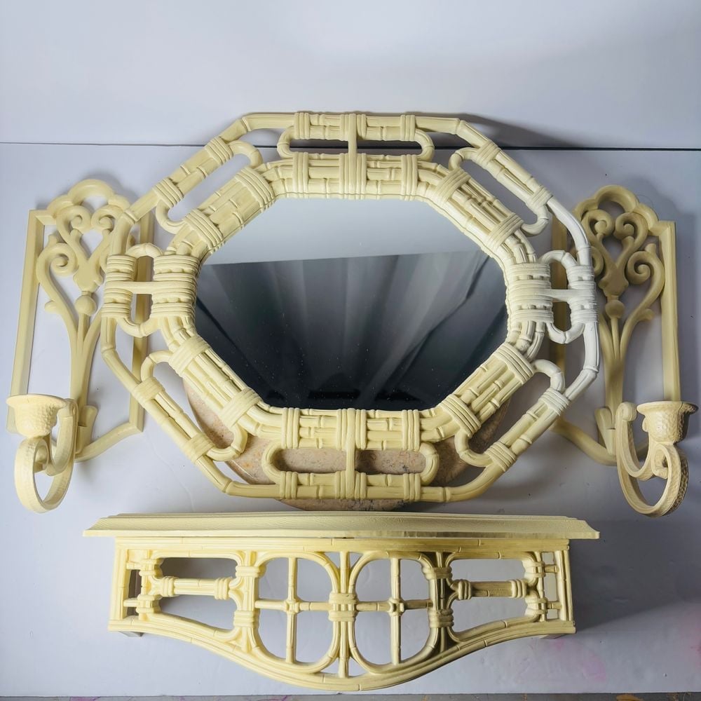 Vintage Homco Faux Bamboo Mirror Shelf Sconce Set