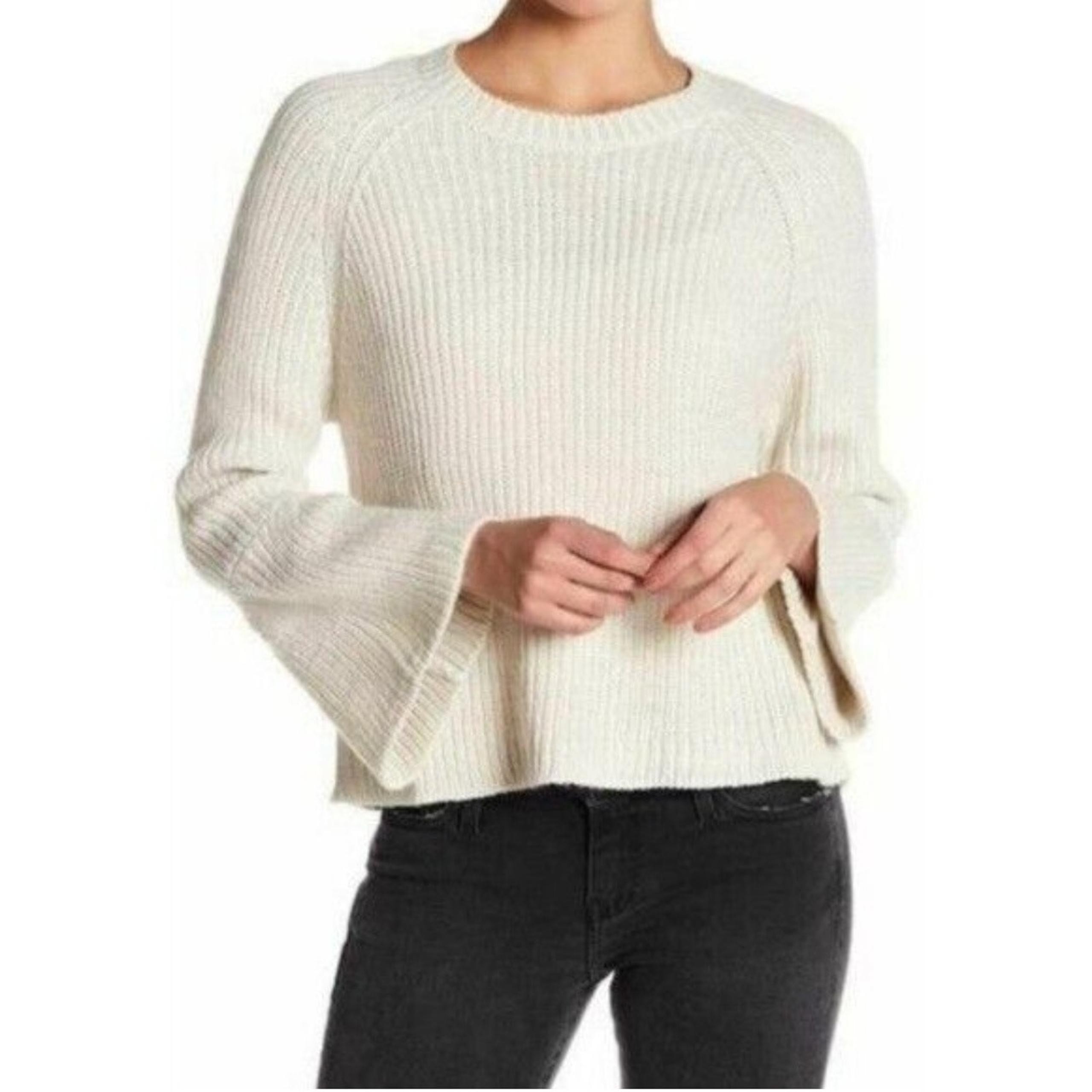 John & Jenn Crew Neck Knit Sweater Women's Medium Ivory Pullover Stretch Top