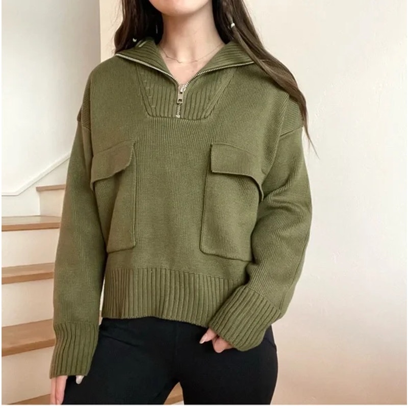 Zara Long Sleeve Half Zip High Collar Knit Sweater Olive Green Women's Size M