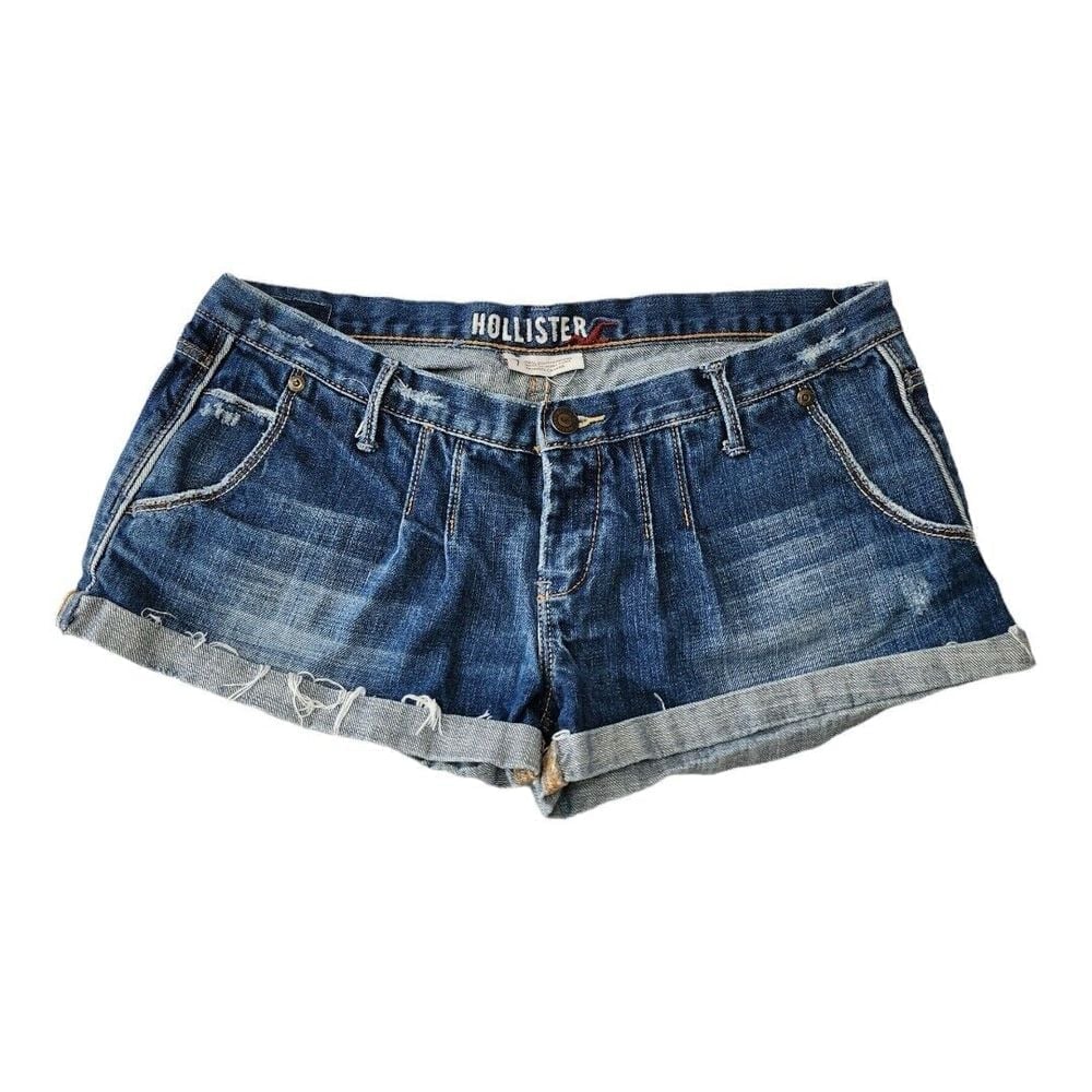 Y2K Hollister Women's Juniors Jean Shorts Size 7 Pleated Dark Blue Vintage