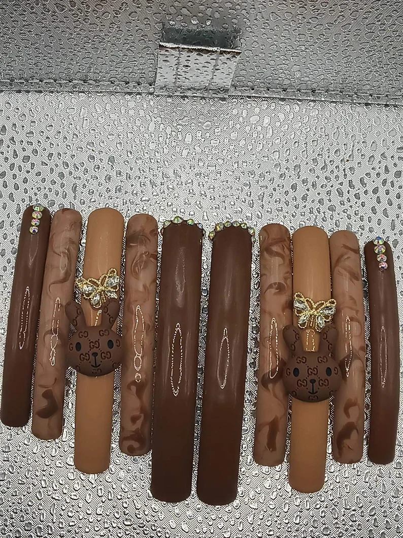 10XL Curve Brown Bears Hard Gel Handmade Gel press on nails Ready to ship Size