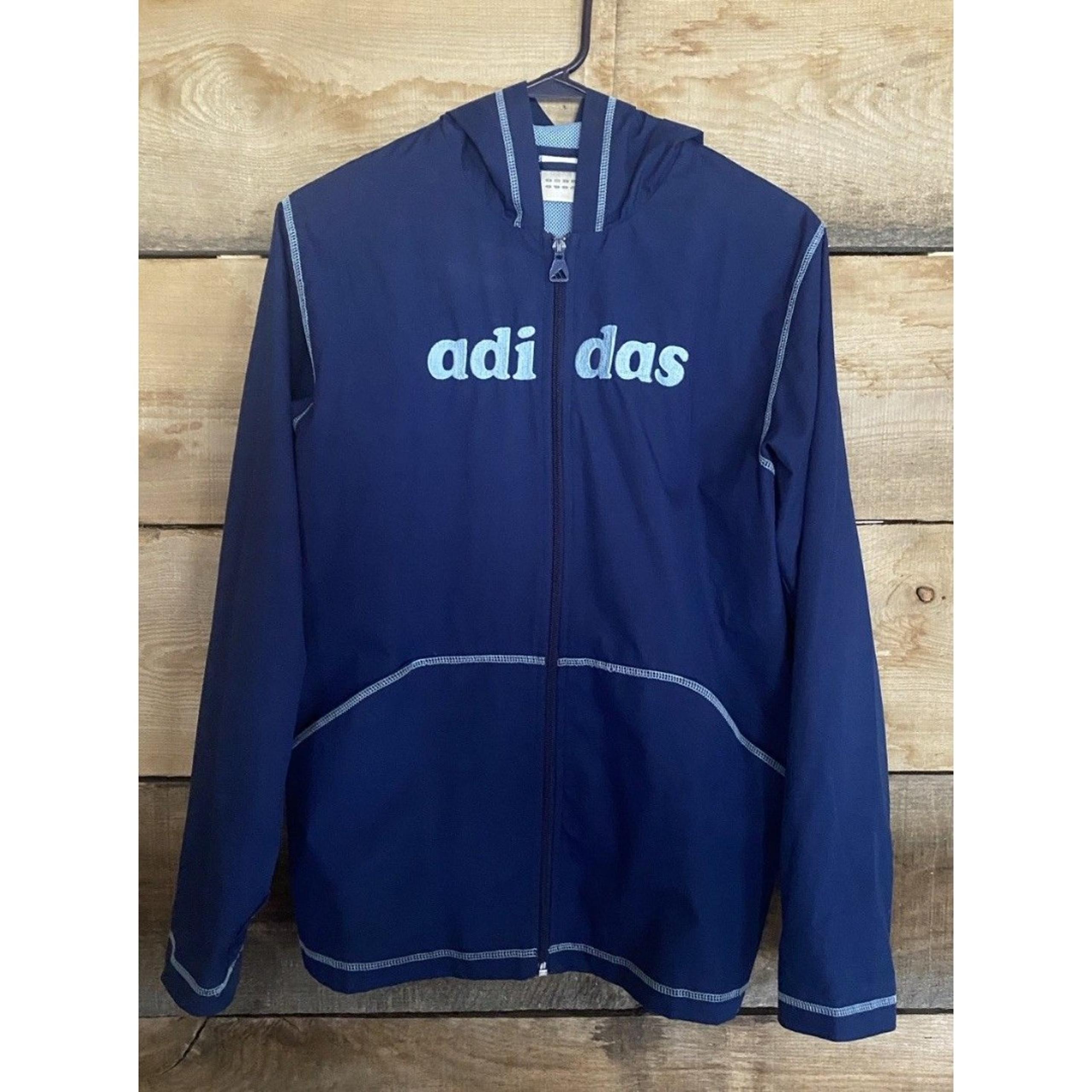 Vintage Adidas Windbreaker Jacket Rare “adi das” Split Logo XL Blue Zip Hooded