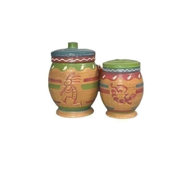 Southwestern Pottery Jars Small Canisters Kokopelli Lizards Set of 2